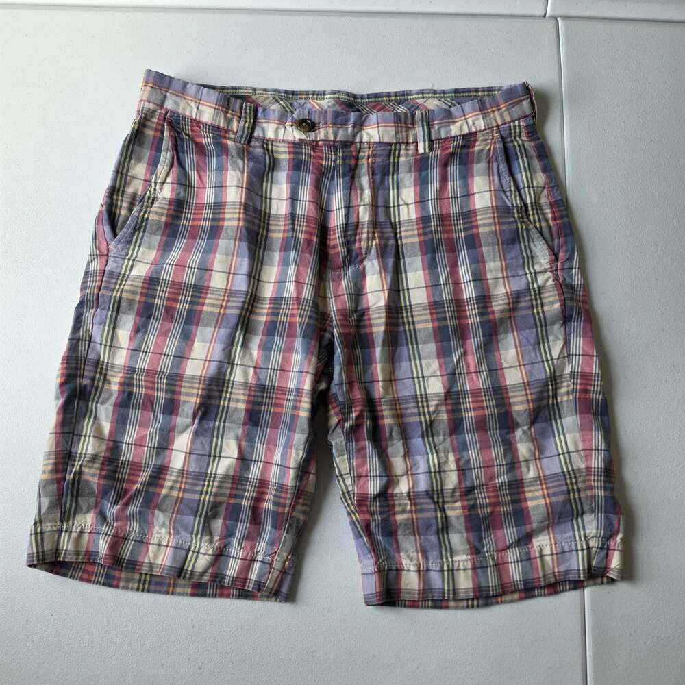 Brooks Brothers Shorts Mens 32 Multicolor Madras Plaid Chino Pleated 10 Inseam